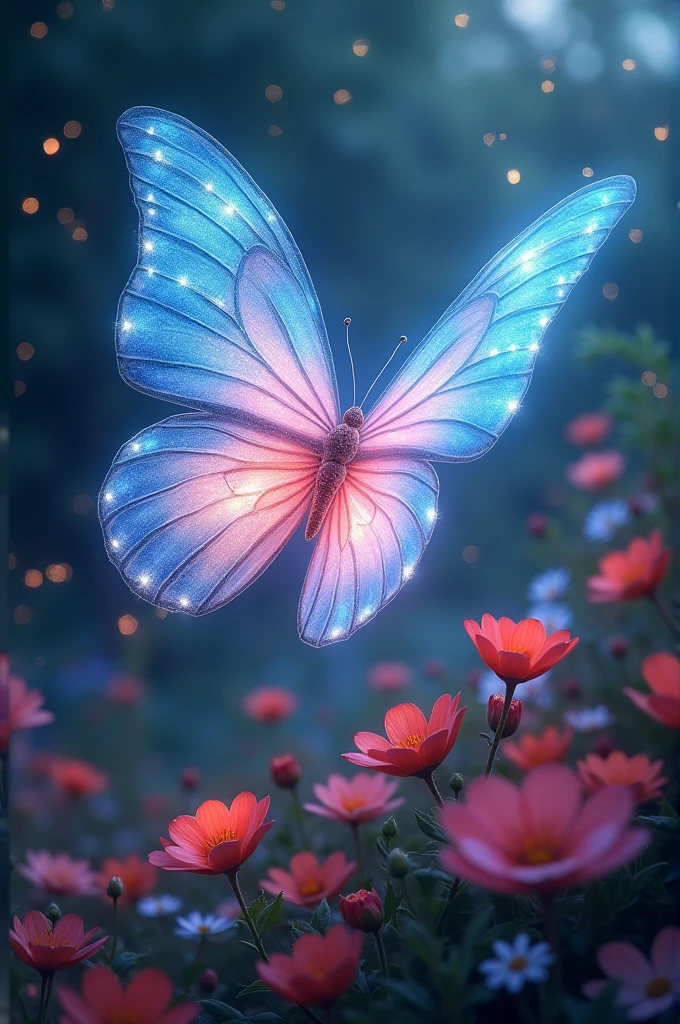 Seekor kupu kupu yang tercipta dari cahaya biru merah putih sedang terbang in the flower garden di kelilingi bintang yang berkilau, dynamic style, flapping wings, Beautiful, in the flower garden