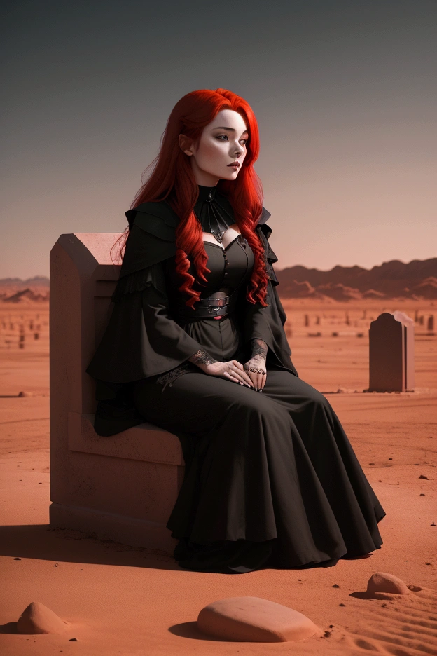 red haired woman sitting on closed black coffin in the middle of desert, there are tombstones all around, night, the moon is shining in the sky