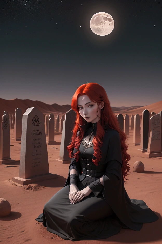 red haired woman sitting on closed black coffin in the middle of desert, there are tombstones all around, night, the moon is shining in the sky