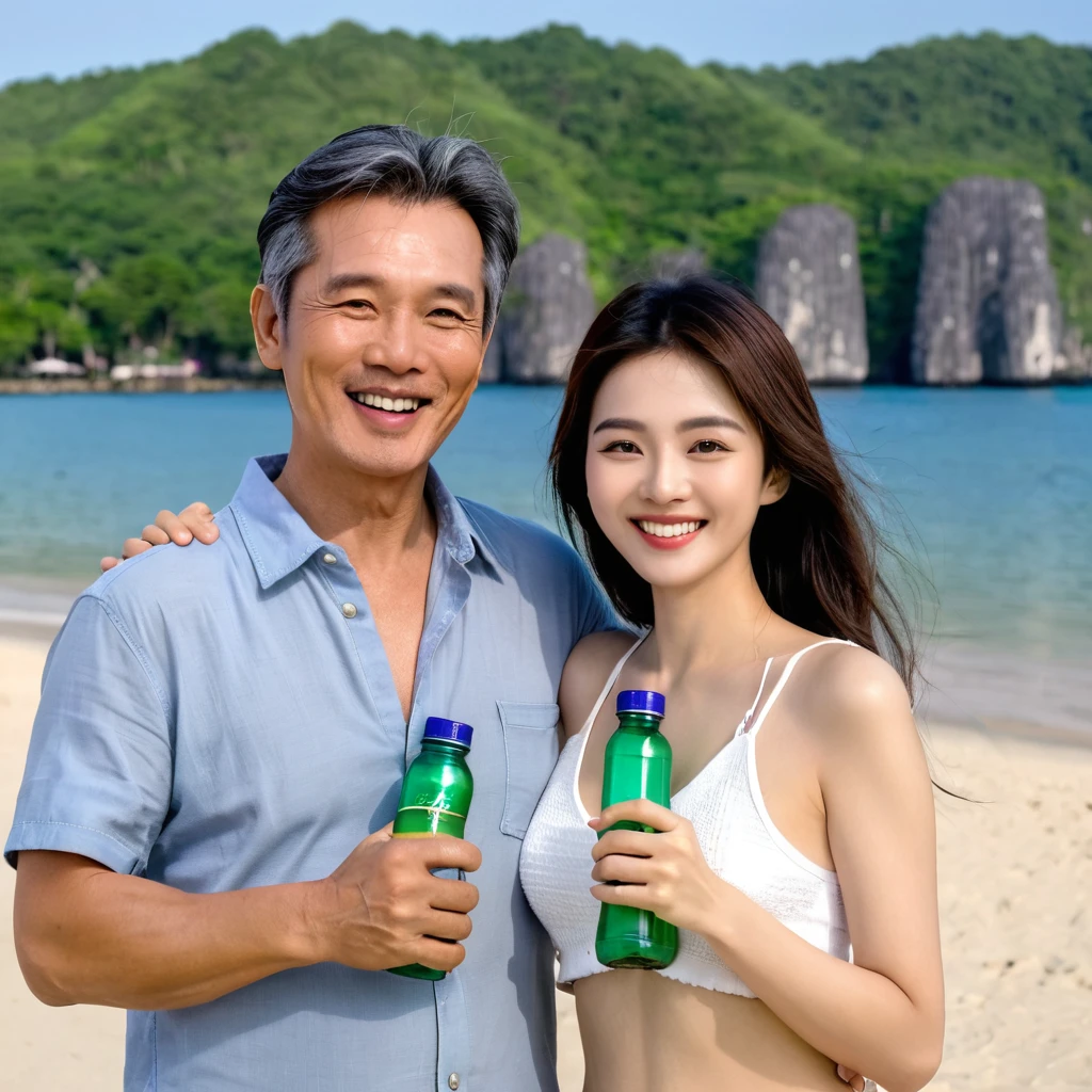 Happy sexy couple from Vietnam, handsome man 50 years old and girl 20 years old, on the beach, They are happy and looking at the camera, stand next to each other, hugging. holds a bottle of vitamins in one hand, The other hand is giving a thumbs up.