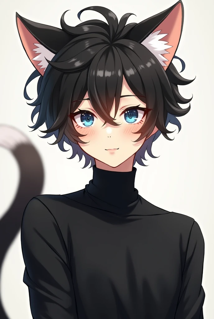 a slender young man with cat ears and a cat tail, with curly black hair that has several white patches and several brown patches like a calico cat in his hair, with clear blue eyes, wearing a black turtle neck, by ryoko kui