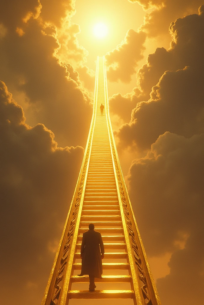 create a huge golden ladder that penetrates the sky and a man climbing the steps 