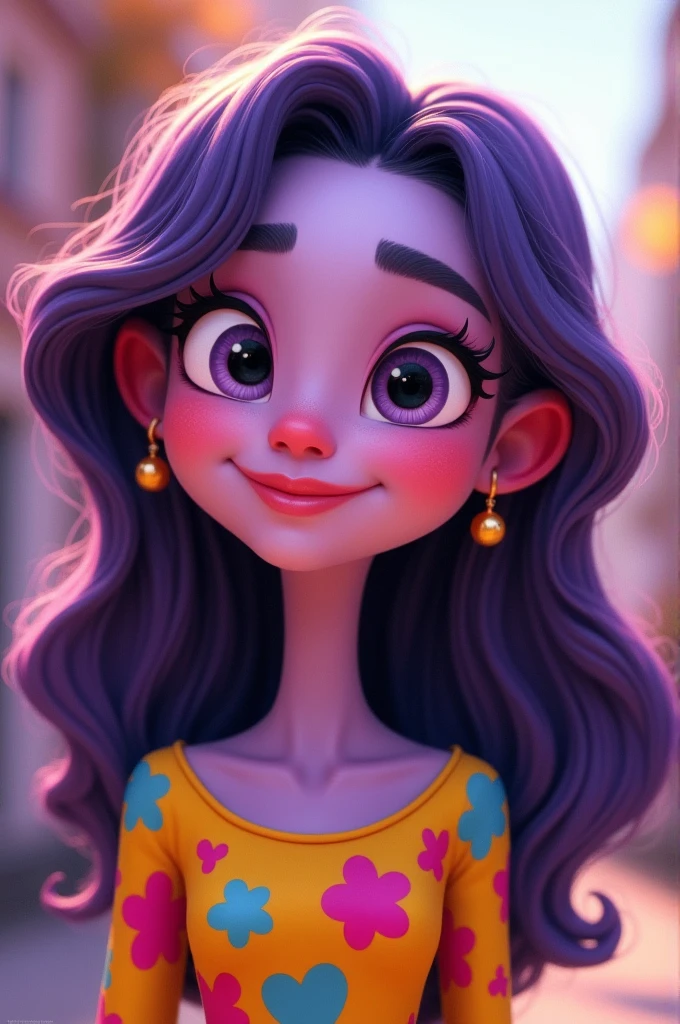 He has a round, expressive face, with large, elongated, lively eyes that reflect his vibrant energy. His eyebrows are thin and well-shaped, complementing his curious and cheerful look. Skin Color: Her skin is a soft lilac tone, standing out in a Hair: Uvinha has long, wavy hair, Clothing: She is dressed in a colorful and cheerful blouse, Accessories: Uvinha wears earrings in for
