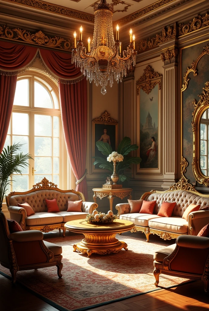 The design of a baroque living room with furniture 