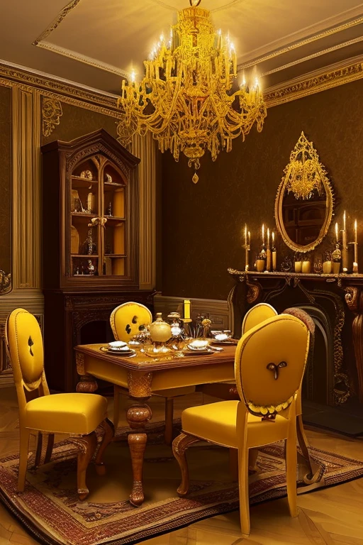 Gothic architecture、Yellow and brown atmosphere、Gothic、yellow、wood、very small teddy bear、Teddy bear under the tree、mantelpiece、table、stage、hinterland、room、chandelier、candle、Honey、Jar of honey、dining、table、pancake、kitchen