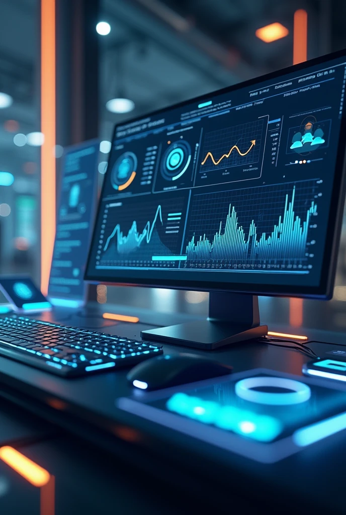science fiction dashboard, bar chart, line graph, table with data, 2d realistic screenshot