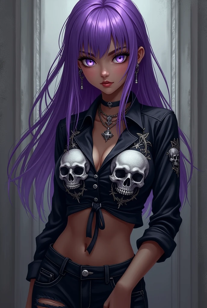 Anime goth girl with purple hair, silver eyes, brown skin and a black shirt with skulls on it and black ripped jeans (full body)