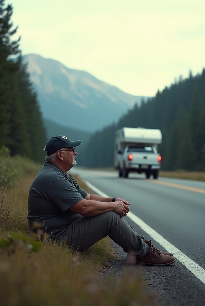 My story begins on the open spaces of the roads. A man, middle-aged, thick-set, in a baseball cap, sits on the side of the road - a connoisseur of freedom, who loves the feeling of boundless space in front of him. There is a pickup truck with a camper trailer nearby, With forest and mountains in the background.| Soft, unobtrusive lighting; Dreamy and surreal composition | Sony and A7R IV with Sony Fe lens 85 mm F/1.4GM | Clear image of details; Smooth background transition -AR 3:4 -raw material type -stylize 75 -stop 90 -in 6.1