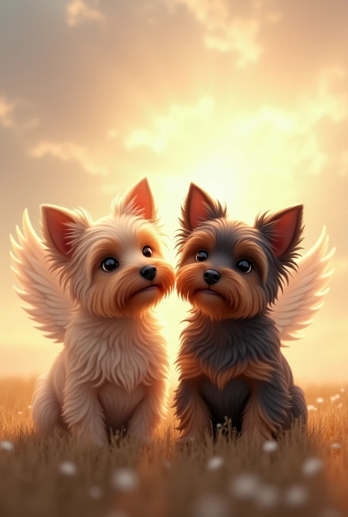 My two Yorkshire terriers together in heaven.
A light-colored Yorkshire Terrier and another with dark fur