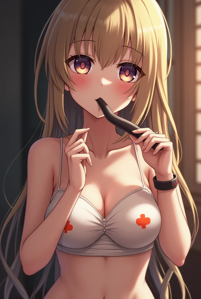 Anime girl with no clothes sucking a pipe
