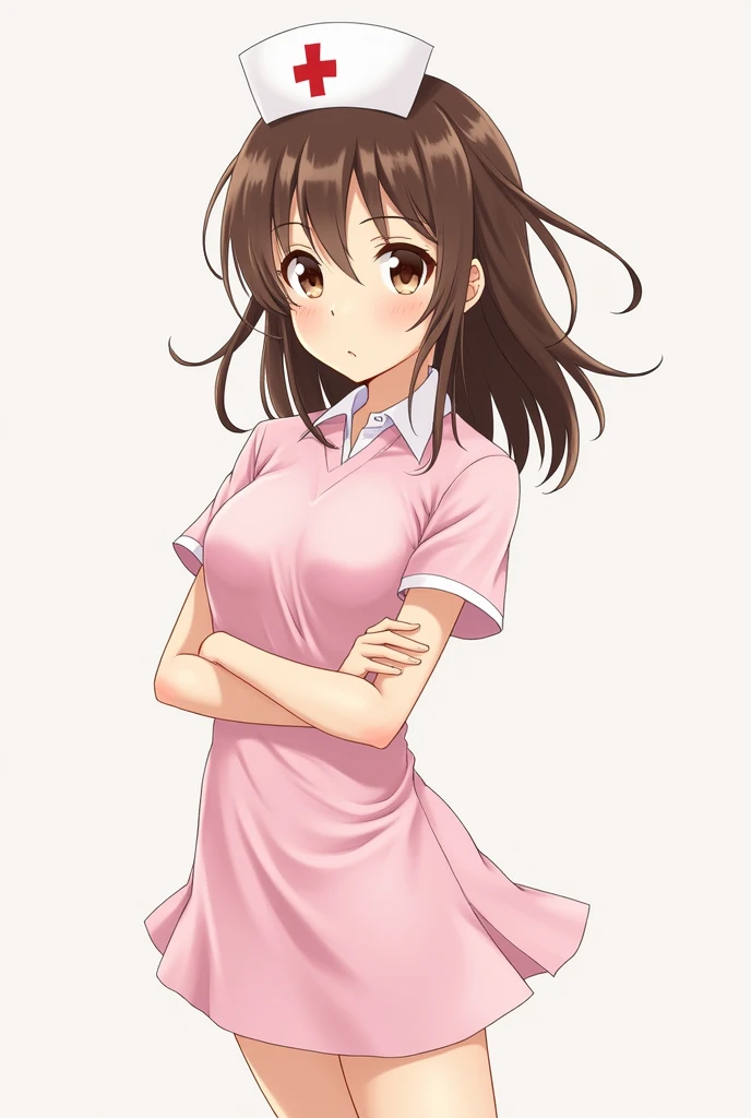 akagimio, brown hair, brown eyes, nurse, nurse cap, pink dress, short sleeves, white panty, Akagi Mio-Boku to Nurse no Kenshuu Nisshi