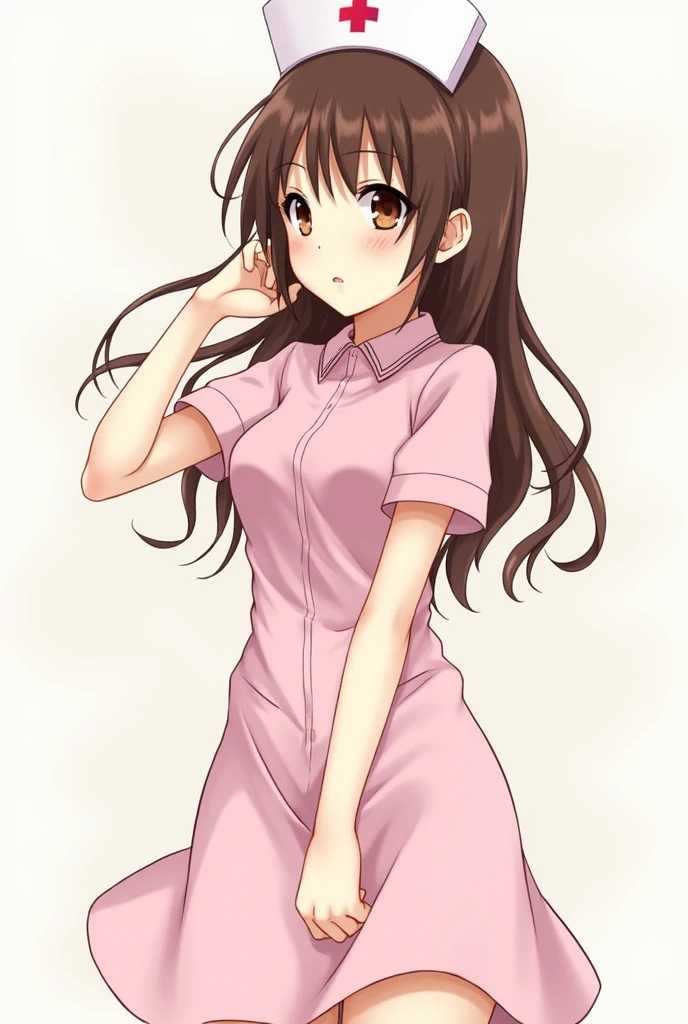 akagimio, brown hair, brown eyes, nurse, nurse cap, pink dress, short sleeves, white panty, Akagi Mio-Boku to Nurse no Kenshuu Nisshi