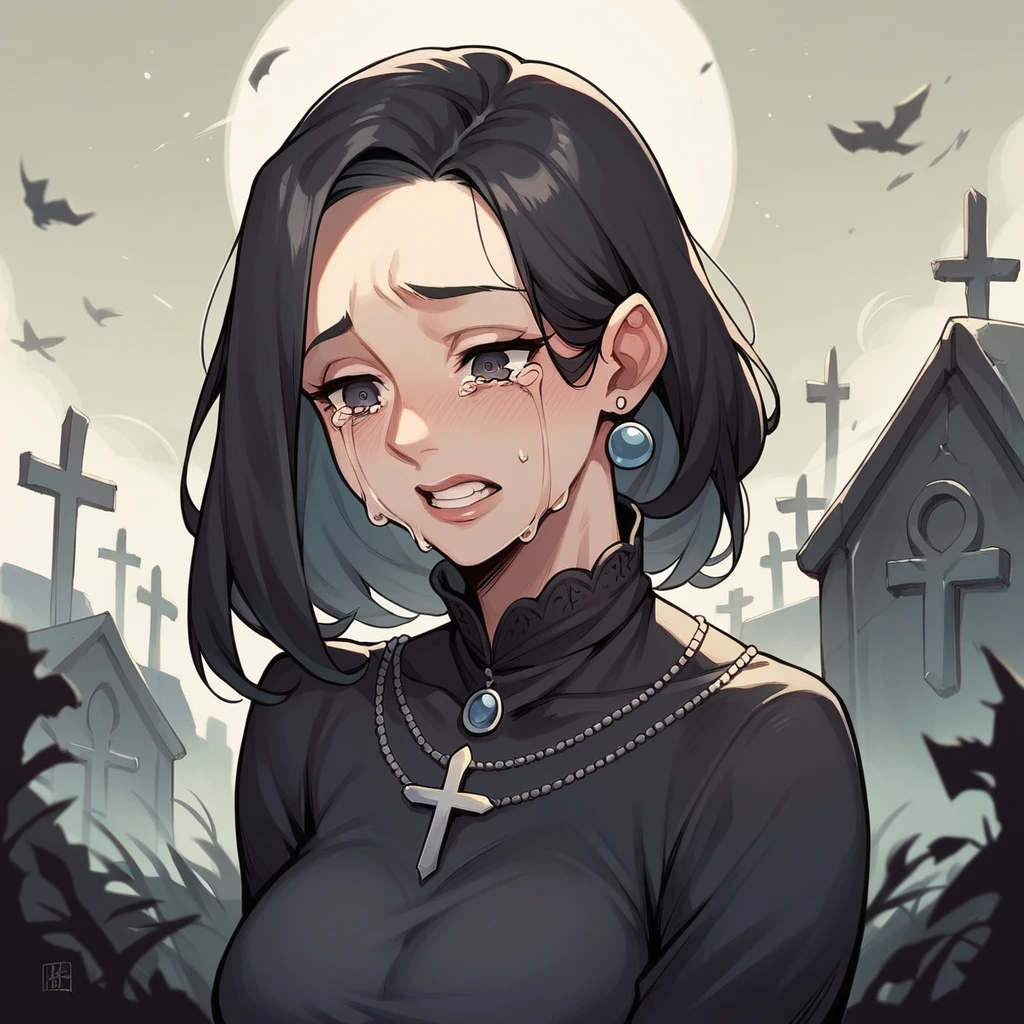 a MILF in her 40s is crying at a gravesite. She wears a black dress. she has long black hair.