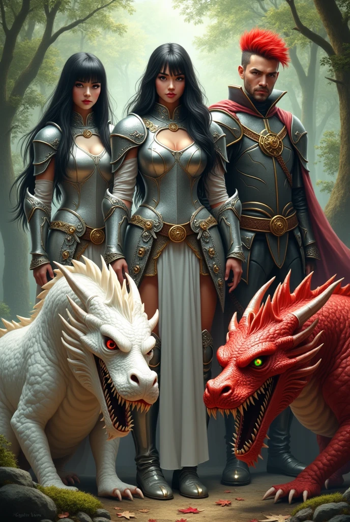 Realistic portrait of a woman. long black hair. no bangs. Dressed in white medieval armor. Next to a woman. Long black hair with bangs. Medieval armor clothing. And a man with a red punk-style mohawk. armor dress. With jugs. smiling.
bottom: Dragons in a forest. One white and one red.