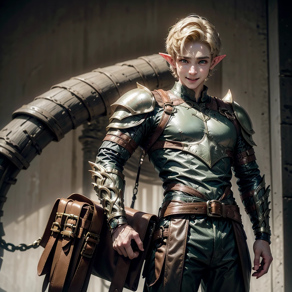 Elf, young, man, medium build, blond, in matte leather armor, short hair, belt bag, joyful expression on face 