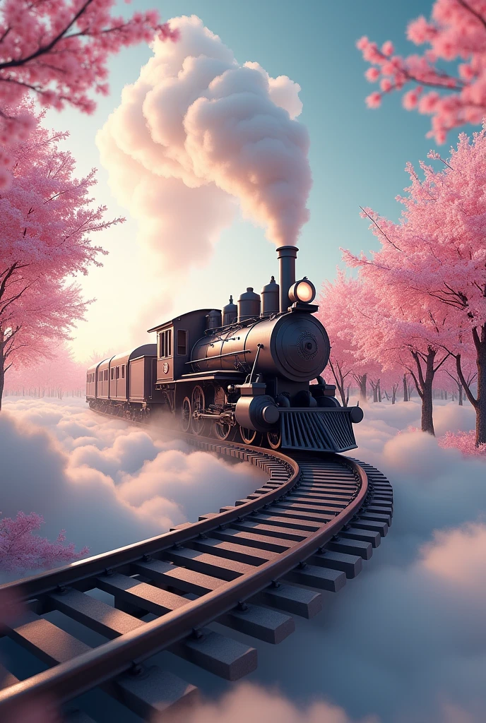 Absurd, High resolution, Super detailed, beautiful, masterpiece, Highest quality、reflection、Realな質感、Realistic、Real、Realistic、Blur、steam locomotive、Running along the tracks、Spiral track、cloud、Cherry blossom trees、