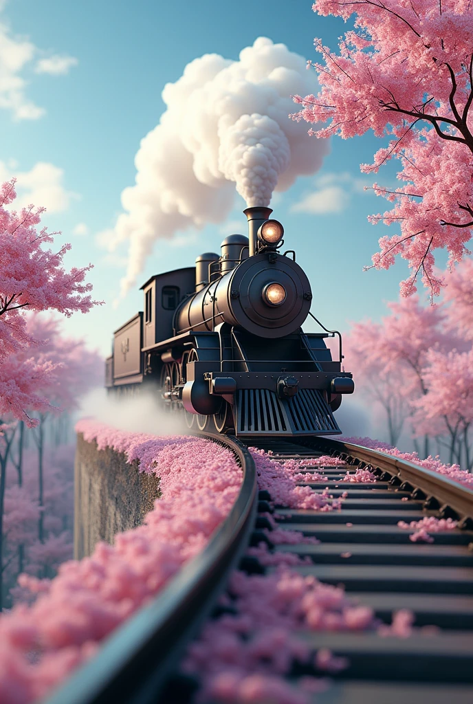 Absurd, High resolution, Super detailed, beautiful, masterpiece, Highest quality、reflection、Realな質感、Realistic、Real、Realistic、Blur、steam locomotive、Running along the tracks、Spiral track、cloud、Cherry blossom trees、