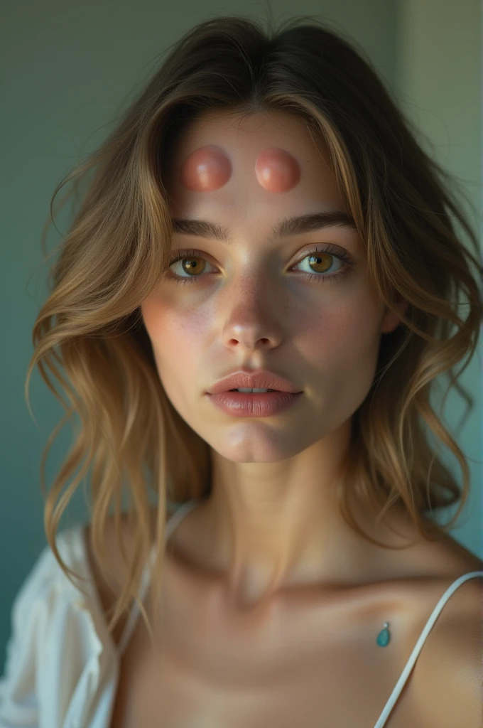 Hyperrealistic girl with face closeup whereby on her forehead right above the eyebrows there is one boob on each side coverd in a bikini bra on the forehead