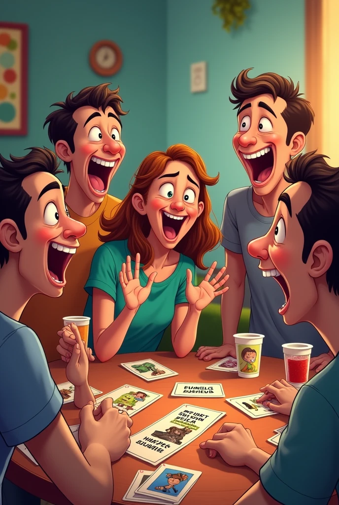 Funny card game, where everyone laughs and falls over laughing with funny faces

