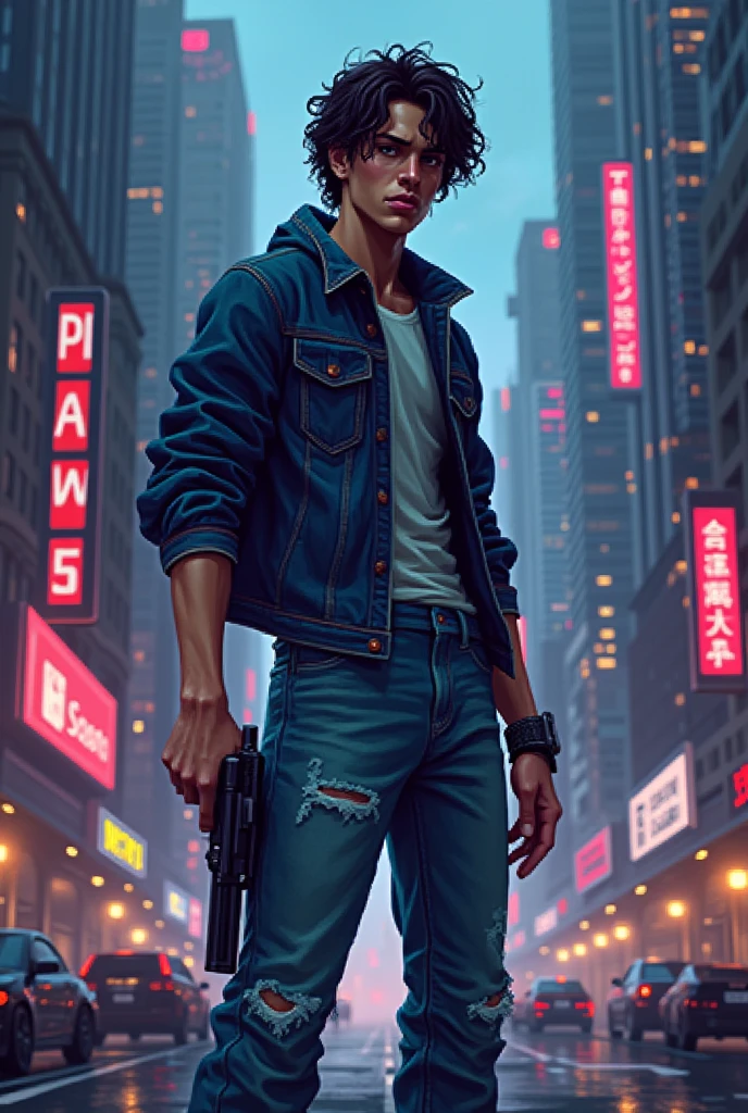 To bit character wearing jeans, holding gun and looks like a gamer to bit 