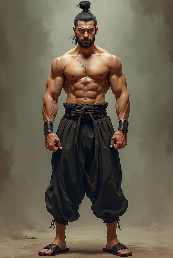 A bare-knuckle fighter with Chinese features,very high, handsome and with few muscles, eyes browns , with moles next to each eyebrow, samurai bun hair, with a scar from a sword cut from his chest to his belly and with slippers on his feet