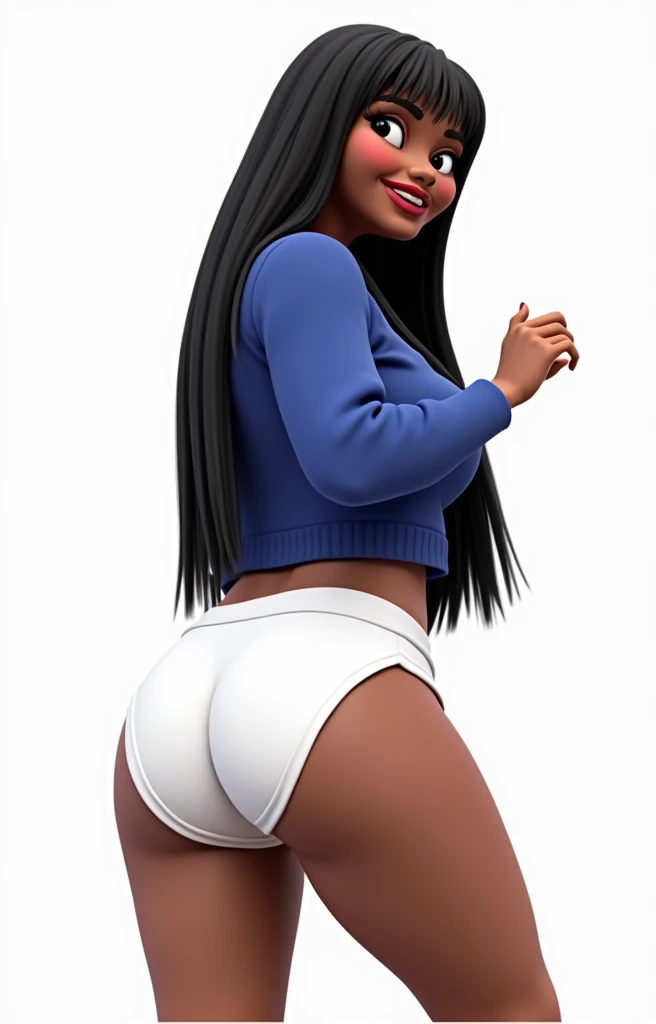 (masterpiece, best quality)), ((((perfect anatomy)))), Heavyset black woman with long black hair, dark eyeshadow, dark red lipstick, blue sweater, (((big white cotton panties))), big booty, smiling, (((realistic 3d animated movie art style)))