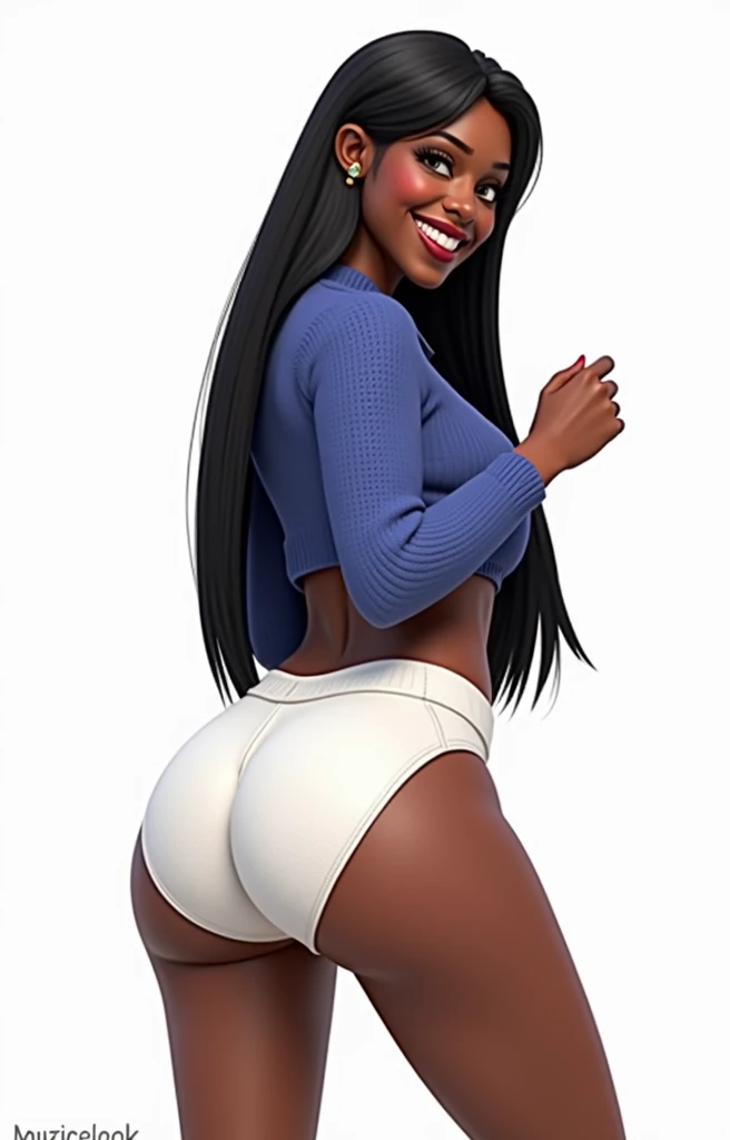 (masterpiece, best quality)), ((((perfect anatomy)))), Heavyset black woman with long black hair, dark eyeshadow, dark red lipstick, blue sweater, (((big white cotton panties))), big booty, smiling, (((realistic 3d animated movie art style)))