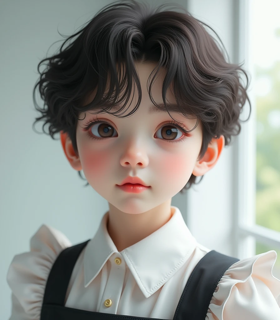 Korean boy with dark brown wavy hair,white pale skin, in maid outfit, 8k, highly detailed, high quality, masterpiece, ultra detailed, vivid colors, HDR, studio lighting, sharp focus, physically-based rendering, professional portrait,