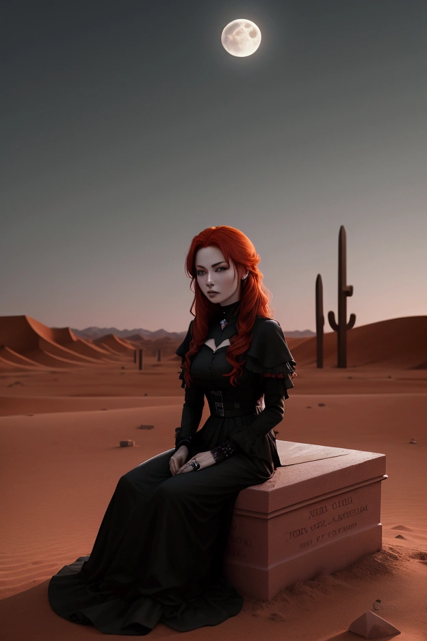 red haired woman sitting on closed black coffin in the middle of desert, there are tombstones all around, night, the moon is shining in the sky