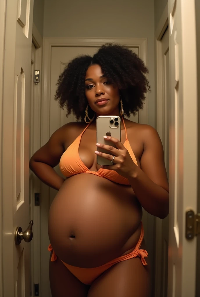 Pov fisheye view camera angle view when Cardi B&#39;s fat plus size mother is 9  39 weeks pregnant taking a selfie wearing a bikini and holding an iPhone 11 in front of the bathroom mirror with a big belly. HD, cinematic, 25k, ultra detail, high shapering, masterpiece, fujifilm