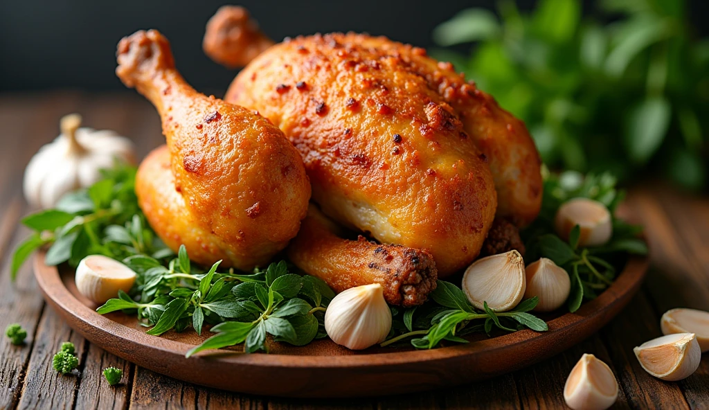 Russian dishes Fried whole chicken with garlic and herbs