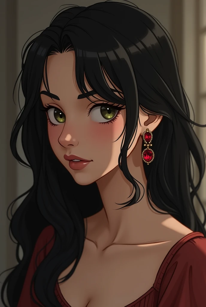 Her black hair, a deep and shiny shade, falls to the middle of her back. She often wears it loose, which gives her a carefree and free air. However, on special occasions, she lets a few strands escape to frame her face.
A distinctive detail of her is the ruby ​​earring that adorns her left ear. This earring is not just a piece of jewelry; it is a symbol of her family history and her connection to the past. The ruby, a deep red, sparkles with every movement, attracting the attention of those around her and adding a touch of sophistication to her appearance.