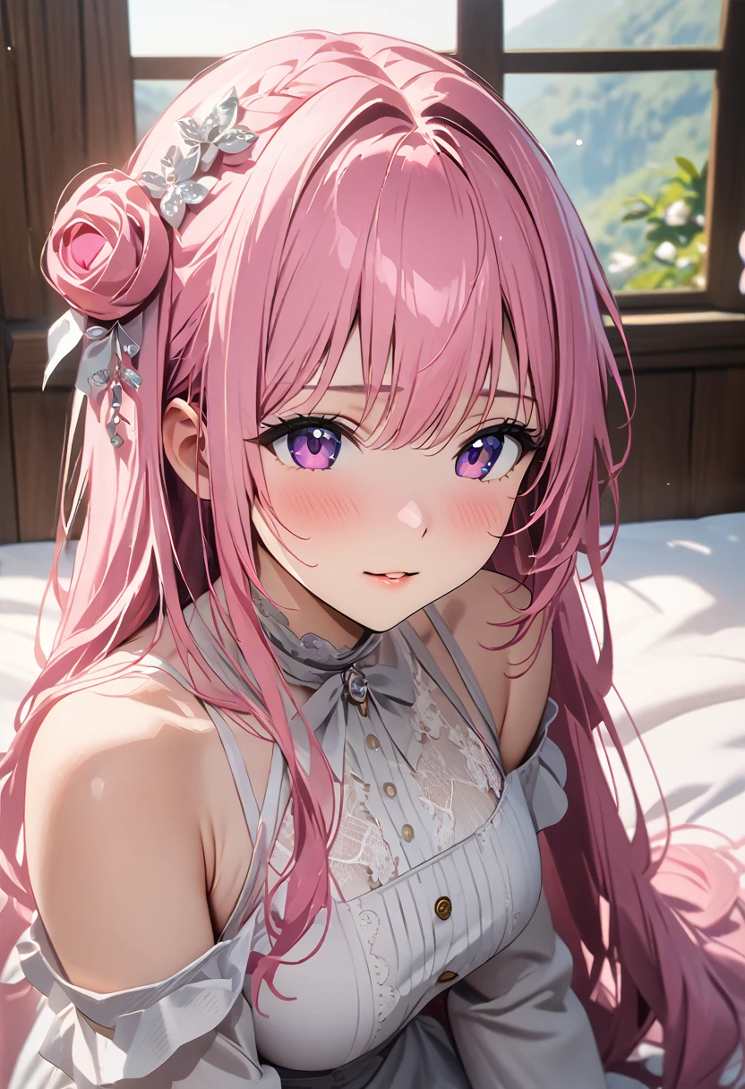 (Highest quality, 4K, 8k, High resolution, masterpiece:1.2), Very detailed, Picturesque, Anime style photo, Photo Anime:1.37)、a beautiful girl、(pink hair)、(long  hair)、white lily Hair Ornaments、On the bed、White lace underwear、White wings on the back、Doroty