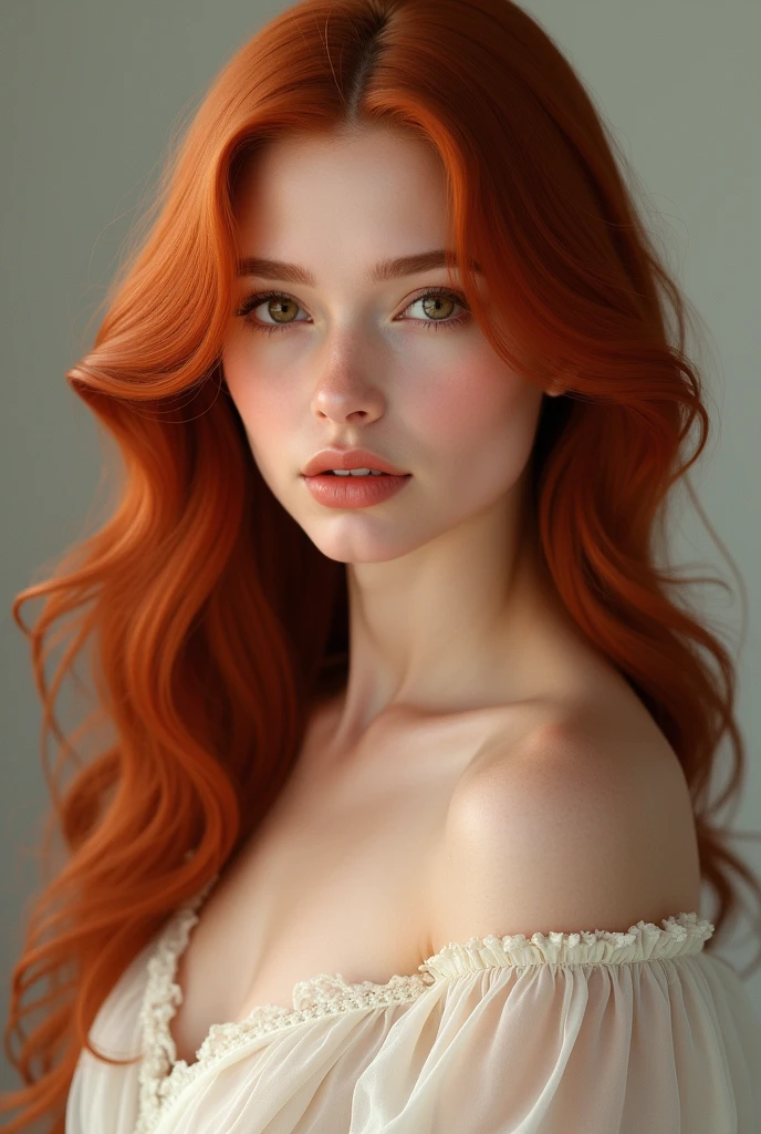 Photorealism, beautiful woman, long red hair, brown eyes, dress, tan skin