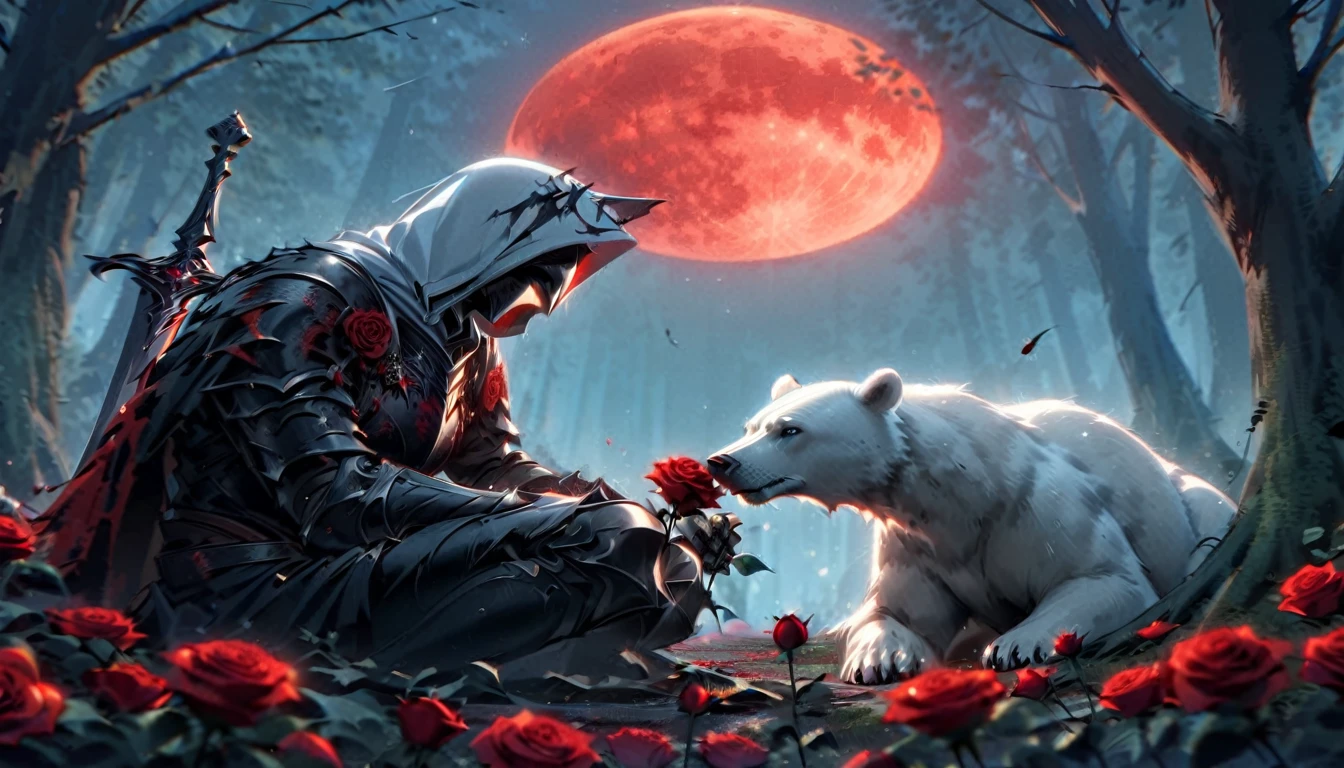 Male knight with a white hood with bear ears with sword behind his back sits on the ground towards a polar bear in a forest while the moon shines, many Roses cover the ground and lightning falls from the sky. The polar bear sleeps in front of the knight. Only the man wears a red blindfold. In the background of the picture is the blood moon and a tree has fallen down in the path. The forest is full of trees with leaves. The armor of the man is black and red roses decorate it. The knight smells on a rose.
