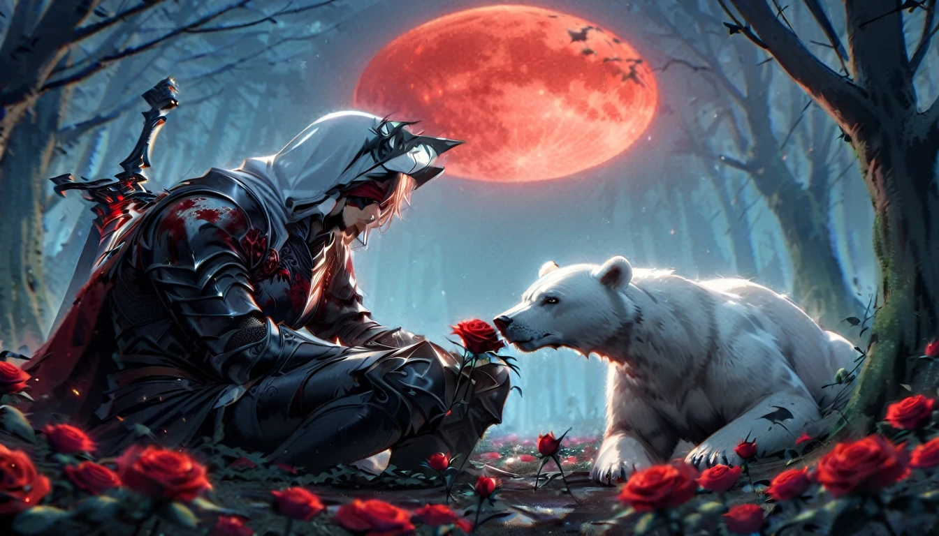 Male knight with a white hood with bear ears with sword behind his back sits on the ground towards a polar bear in a forest while the moon shines, many Roses cover the ground and lightning falls from the sky. The polar bear sleeps in front of the knight. Only the man wears a red blindfold. In the background of the picture is the blood moon and a tree has fallen down in the path. The forest is full of trees with leaves. The armor of the man is black and red roses decorate it. The knight smells on a rose.
