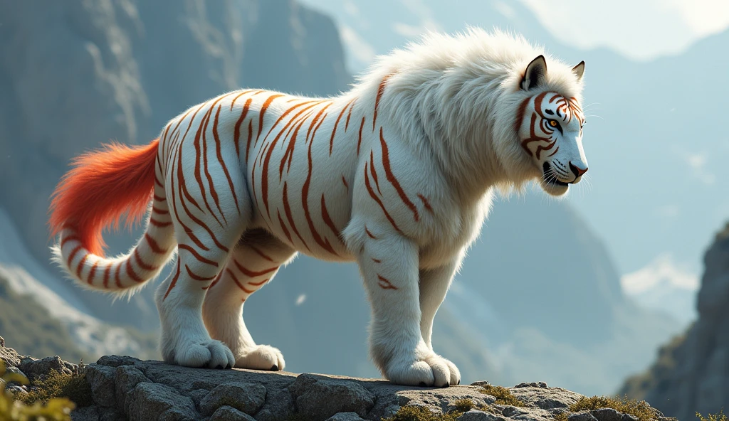 There is a wild beast on the mountain,Shaped like a horse,With white hair。The stripes on his body are like a tiger,The tail is red(best quality,4K,8k,High level,masterpiece:1.2),Ultra Detailed,(lifelike,Photo real,Photo real:1.37)