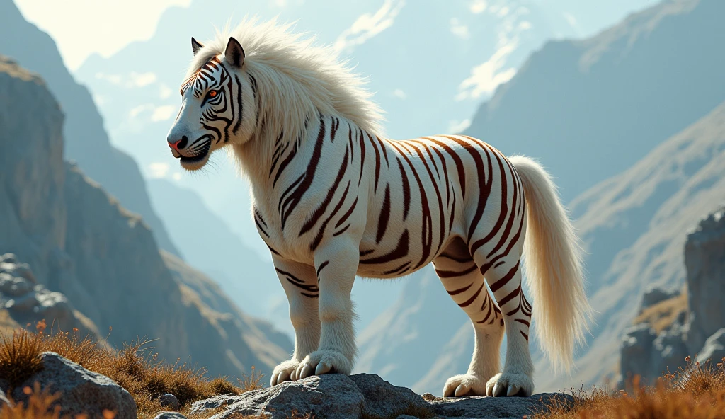 There is a wild beast on the mountain,Shaped like a horse,With white hair。The stripes on his body are like a tiger,The tail is red(best quality,4K,8k,High level,masterpiece:1.2),Ultra Detailed,(lifelike,Photo real,Photo real:1.37)