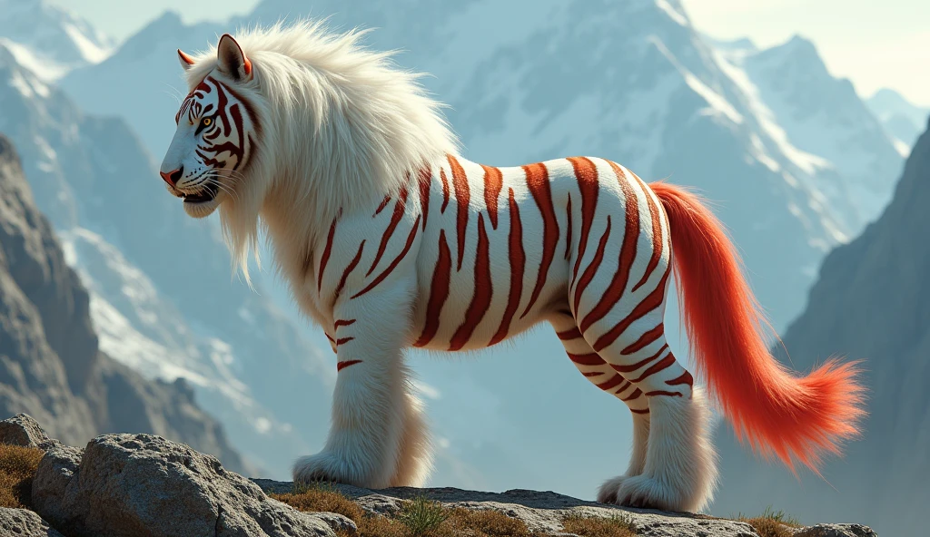 There is a wild beast on the mountain，Shaped like a horse，With white hair。The stripes on his body are like a tiger，The tail is red(best quality，4K，8k，High level，masterpiece：1.2），Ultra Detailed，（lifelike，Photo real，Photo real：1.37）