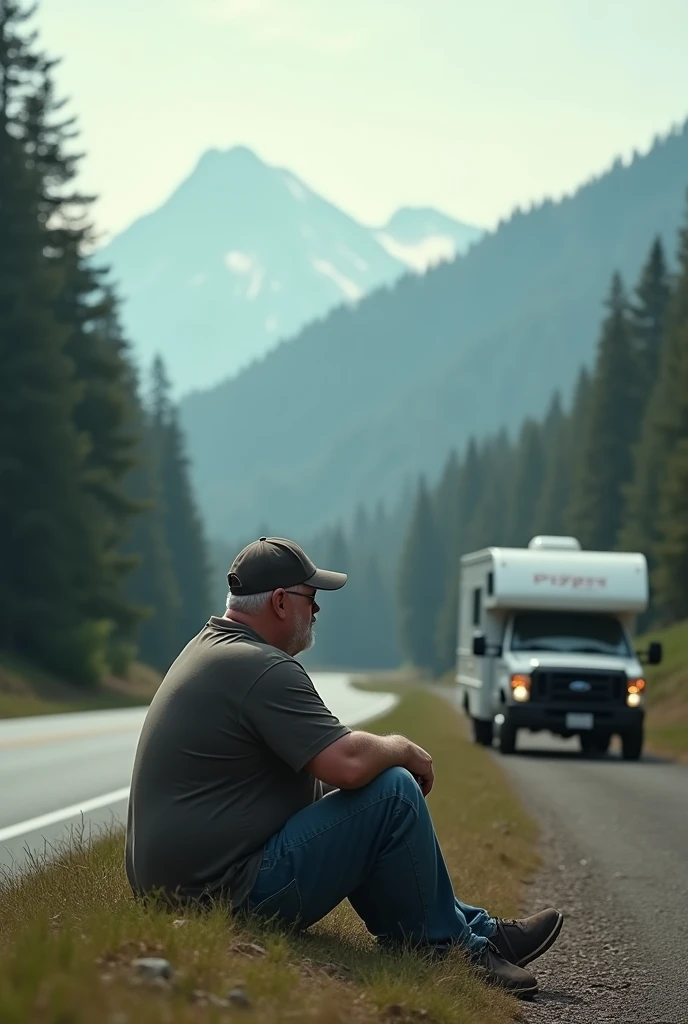 My story begins on the open spaces of the roads. A man, middle-aged, thick-set, in a baseball cap, sits on the side of the road - a connoisseur of freedom, who loves the feeling of boundless space in front of him. There is a pickup truck with a camper trailer nearby, With forest and mountains in the background.| Soft, unobtrusive lighting; Dreamy and surreal composition | Sony and A7R IV with Sony Fe lens 85 mm F/1.4GM | Clear image of details; Smooth background transition -AR 9:16 -raw material type -stylize 75 -stop 90 -in 6.1