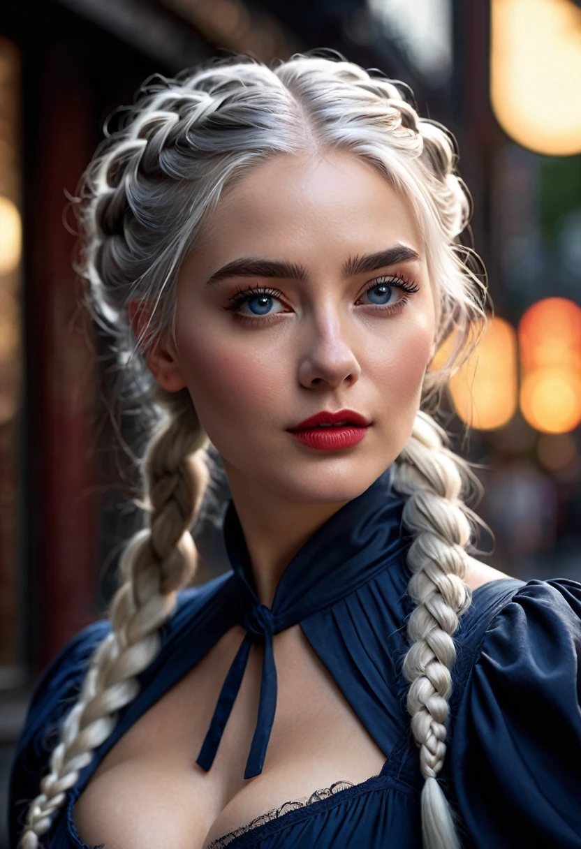 1 woman, inside a city at night, wearing a dark blue dress with a high collar and long puffy sleeves, (feminine dark blue eyes), detailed fair skin, white hair tied in a thick braid that falls in front of her face, large breasts, dramatic lighting, cinematic composition, dark palette, dark colors, atmospheric haze, thin chin, sarcastic laughing face, serious face, beautiful woman, adult woman, ultra realistic, adult woman (best quality, 4K, 8K, high resolution, art : 1.2), ultra detailed (realistic, photorealistic, photorealistic : 1.37)(((a woman with white hair tied in a thick braid that falls in front of her face 1.7)))(((very beautiful))), perfect face, dark and cool palette, 8K, bright red lips, extremely detailed, (high quality, realistic, photorealistic : 1.37), ideal proportions and detailed skin and defined and meticulously crafted features, unapproachable beauty, perfection, art, vivid realism, hyper-detailed sculpting, realistic shapes, truly awe-inspiring, impeccable craftsmanship, serious facial expression, pure brilliance, ethereal beauty, delicate contours, striking poses, sublime beauty, subtle nuances, dynamic compositions, vibrant colors, perfect lighting, moving expressions, celestial aura, majestic presence, dreamlike atmosphere, unmatched high level of detail, high-octane rendering in artstation, 8k art photography, photorealistic concept art, volumetric cinematic soft natural light, chiaroscuro, f
