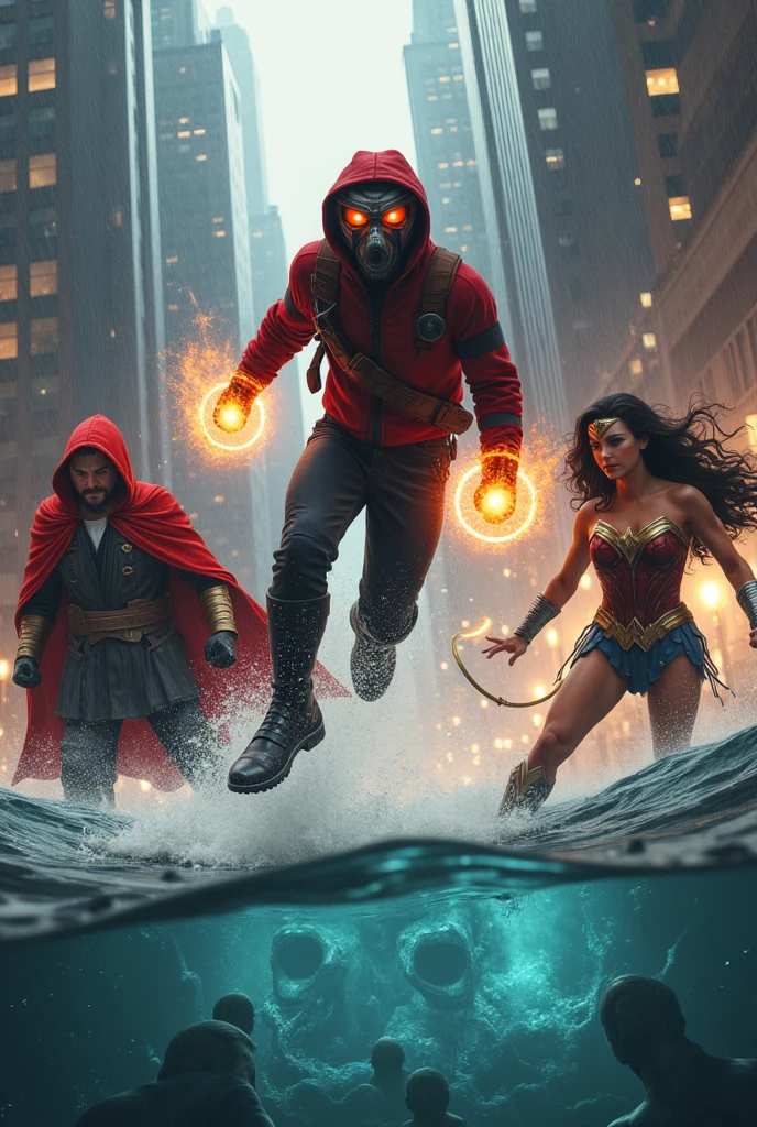 Young Star-lord with red hoodie, headphones, star-lord helmet, gas helmet, covered mouth, round red eyes, Red eyes, magic rings in the hands and rocket boots, Vs. Doctor strange, Vs. Wonder Woman, Fighting, power, fiction, full body, 3 person, magic lasso, hight, fall, fire in boots, poweful spells, fighting, realistic, helmet, mask, red cape, confrontation, punch, gun, flying in the sky, view of the city from above, rain, fighting over the spell book, Black gloves, ocean floor, face cover