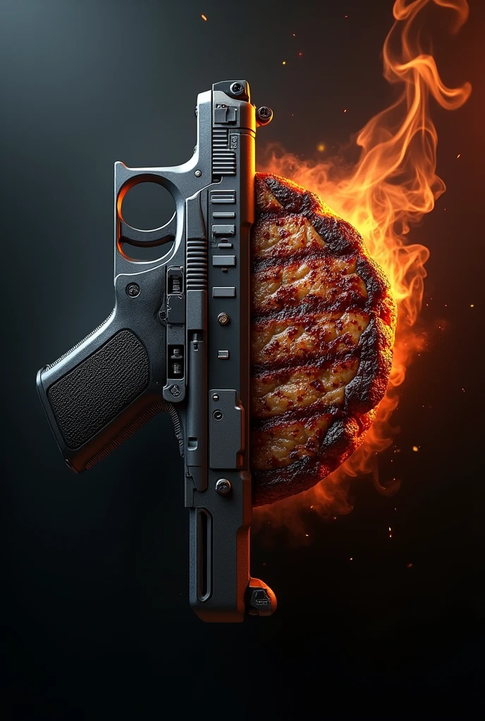 "Design a dynamic and visually appealing profile image for a YouTube channel named 'Shoot & Savor.' The image should feature a fusion of two primary elements: firearms and food. On one side, incorporate a sleek, modern firearm (such as a handgun or rifle) with intricate detailing, symbolizing the 'Shoot' aspect. On the other side, depict a gourmet dish, perhaps a perfectly grilled steak or a sizzling burger, representing the 'Savor' element. The background should blend dark metallic tones and rich, warm colors to enhance both themes. In the center, where the two elements meet, create a subtle, balanced overlap with smoke or steam effects that unite the themes. The text 'Shoot & Savor' should be bold, modern, and integrated smoothly into the design, perhaps with a metallic finish on 'Shoot' and a textured, appetizing look on 'Savor.'"
