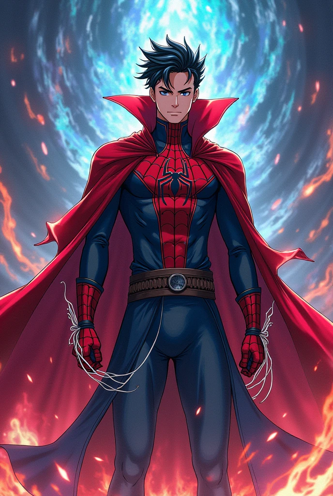 I want an image that is the fusion between Doctor Strange and Spider-Man. I want this fusion to be of the male gender. The image has to be in anime.