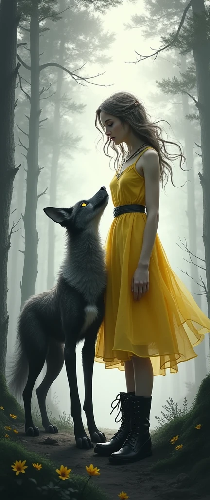 Surreal portrait. Medium shot. A lupine creature and a woman,selphie with necklace, yellow dress, boots stand in a dense, misty forest. Low-angle shot. Dreamlike digital art with bold, vibrant brushstrokes. Glowing ethereal eyes in iridescent hues. Swirling silvery mist dances around the subjects. High contrast black and white color scheme. 8k resolution, incredibility detailed, masterpiece, Odin Hynes style, deeply emotive, transcendent, thought-provoking, Salvador Dali, Rene Magritte, muted gradient background, intense chiaroscuro.Brüste, Fransen zwischen den Augenbrauen, 