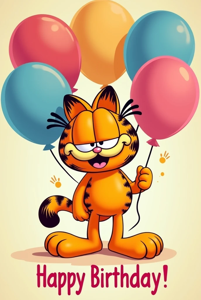 Happy Garfield birthday card along with balloons and patel and having the words: Happy Birthday!!