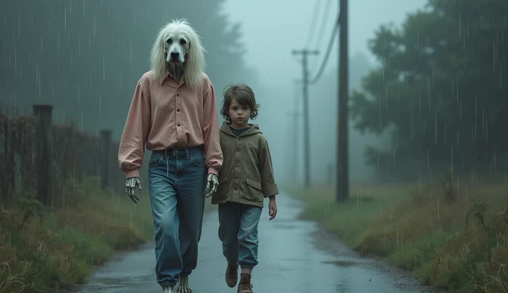 A bony white dog crying, dressed in a pink blouse and blue jeans, walking with a child in the rain
