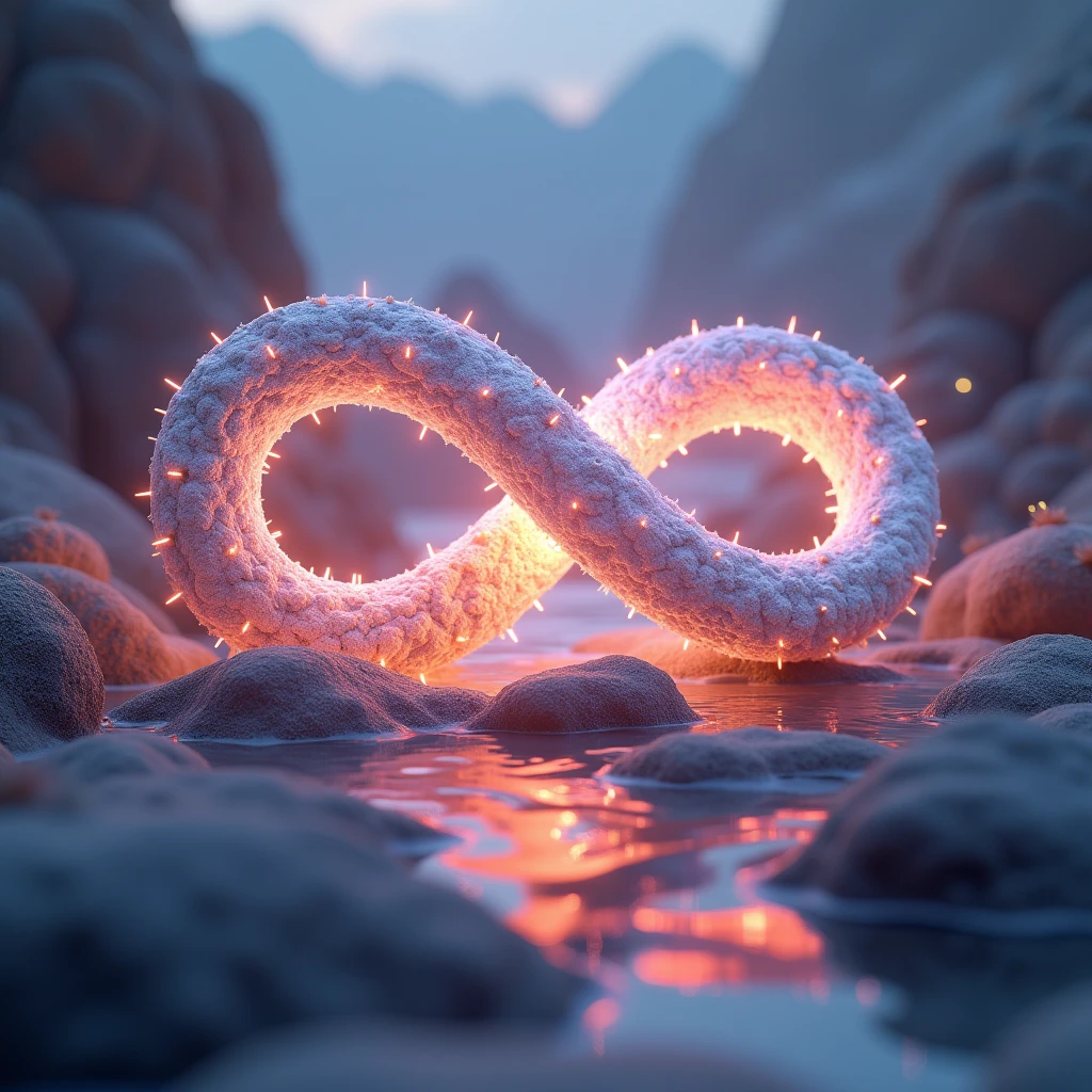a stunning 3d render of an infinity symbol, highly detailed, glowing with a soft light, surrounded by a peaceful and serene landscape, ethereal and dreamlike atmosphere, intricate patterns and textures, volumetric lighting, cinematic composition, vibrant and saturated colors, masterpiece, photorealistic, 8k