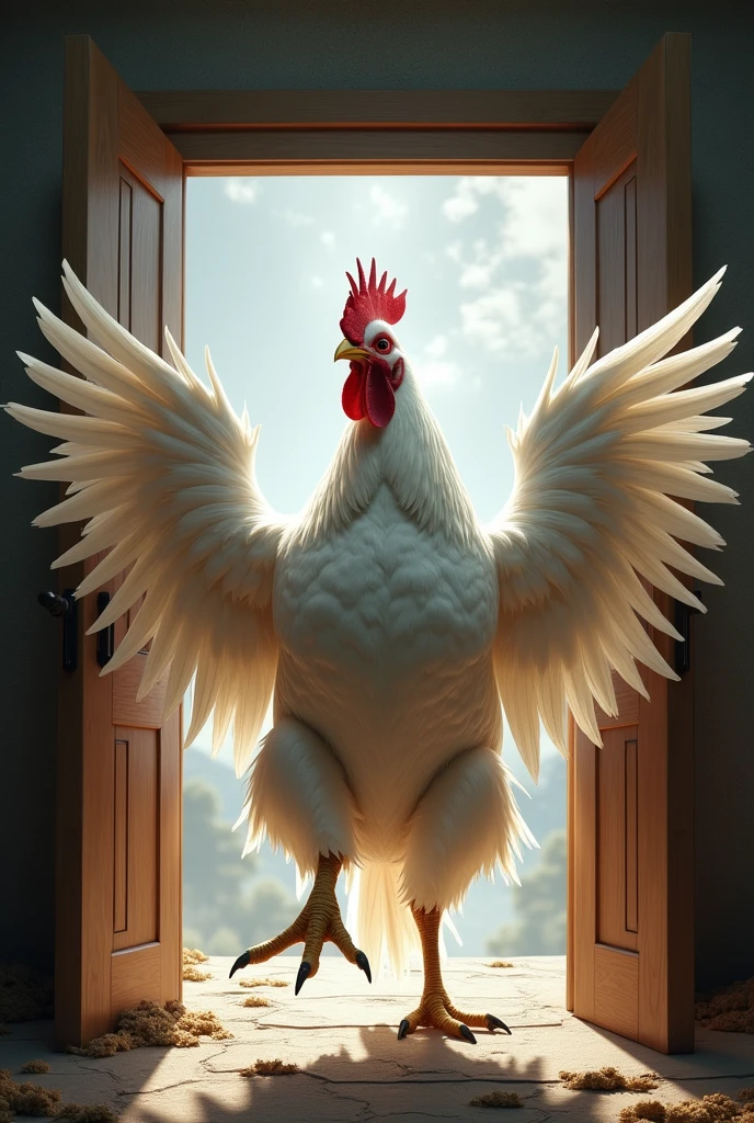 Believe me, a rooster coming out with outstretched wings from a two-door entrance. The rooster is muscular and white.
