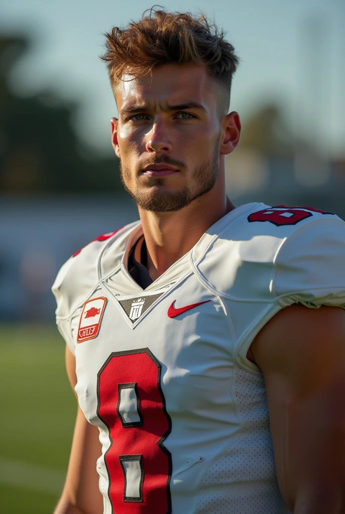 A human being Man, football player, 19yearsold, shirt 8, sem beard, eyes browns
